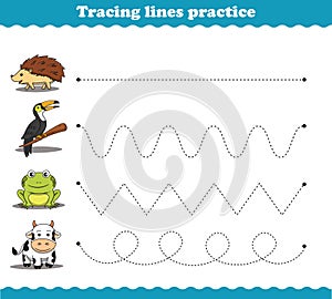 Tracing Lines hedgehog toucan frog cow. Educational games. Worksheet activity for preschool kids. Vector illustration.