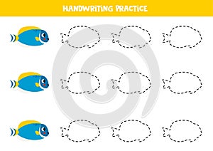 Tracing lines for kids. Cartoon blue tang. Writing practice