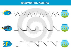 Tracing lines for kids. Cartoon fish and aquarium