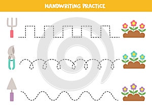 Tracing lines for kids. Cartoon gardening tools. Writing practice.