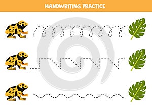 Tracing lines for kids. Cute cartoon yellow banded poison dart frog and monstera leaf. Handwriting practice.