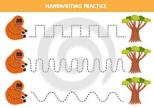 Tracing lines for kids. Cute orangutan and tree. Handwriting practice.