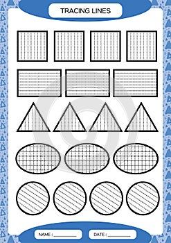 Tracing Lines. Kids education. Preschool worksheet. Basic writing. Kids doing worksheets. Fine motor skills. Blue