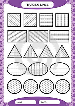 Tracing Lines. Kids education. Preschool worksheet. Basic writing. Kids doing worksheets. Fine motor skills. Purple