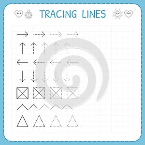 Tracing lines. Working pages for children. Preschool or kindergarten worksheets. Basic writing. Trace the pattern. Worksheet for k