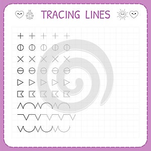 Tracing lines. Working pages for children. Preschool or kindergarten worksheets. Worksheet for kids. Basic writing. Trace the patt