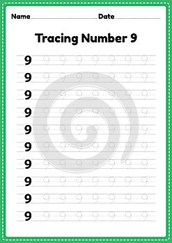 Tracing number 9 worksheet for kindergarten and preschool kids for educational handwriting practice in a printable