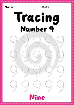 Tracing number 9 worksheet for kindergarten, preschool and Montessori kids for learning numbers and handwriting practice