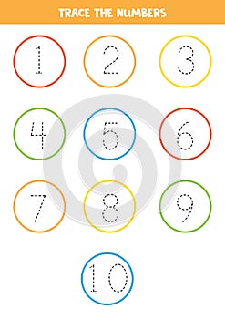 Tracing numbers from 1 to 10. Writing practice for kids.