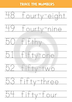 Tracing numbers from 48 to 54. Writing practice for kids.