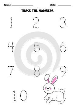 Tracing numbers from one to ten with cute rabbit. Writing practice.