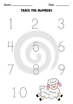 Tracing numbers from one to ten with cute sheep. Writing practice.