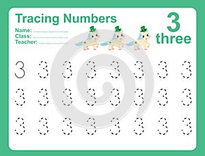 Trace and write number for children. Exercise for children to recognize the number
