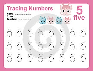 Trace and write number for children. Exercise for children to recognize the number