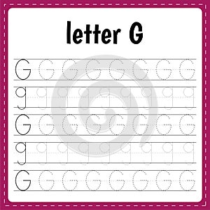 Tracing page. Worksheet for kids. Learn alphabet. Letter G