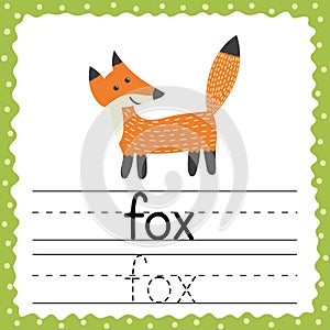 Tracing words flashcard - Fox. Phonetic words in English. Handwriting practice photo