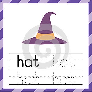 Tracing worksheet with the word - Hat. Phonic learning material or flashcard for kids photo