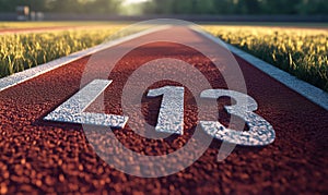 Track lane number L13 on a running track with grass in the background