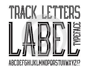 Track Letters Label typeface. Black striped font. Isolated english alphabet