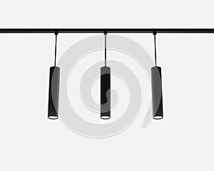 Track lighting system, pendant ceiling spot lamps 3d render. Modern black metal long tubes, accent light for exhibition