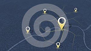 Track navigation pins on isometric street maps, navigate mapping technology, locate position pin. Multiple destinations