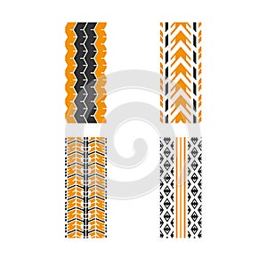 Track prints black and yellow RGB color icons set. Detailed automobile, motorcycle, bike tyre marks. Car summer and