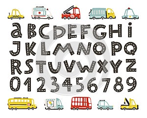 Track road alphabet, numbers. Baby city cars set. Comic funny transport. Vector cartoon illustrations in hand-drawn Scandinavian