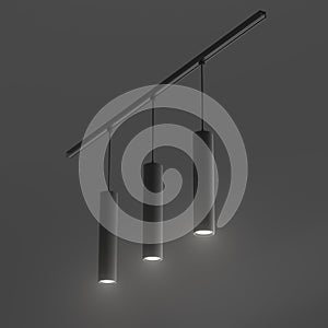Track spot lights 3d render. Modern black metal tube LED lamps at night, mockup hanging cylinder spotlights for loft
