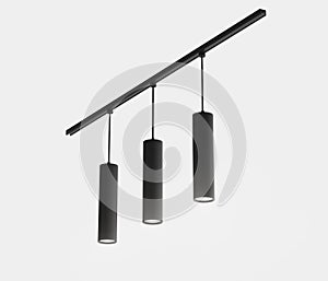 Track spot lights 3d render. Modern black metal tube LED lamps, realistic mockup hanging cylinder spotlights for loft