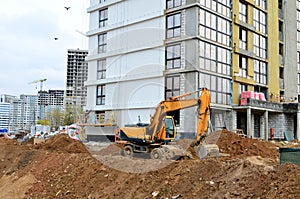 Tracked excavator working at a construction site