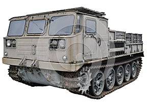 Tracked heavy military all-terrain vehicle on a white background