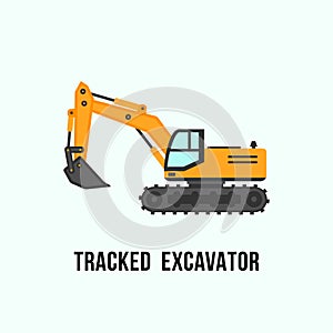 Tracked yellow excavator icon. Construction equipment illustration