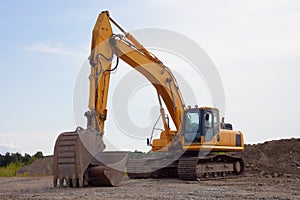 Trackhoe excavator on construction site digger machine heavy equipment