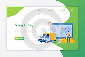 Tracking delivery service Flat vector illustration. Delivery Van Car with Packages and worker near Monitor with Map