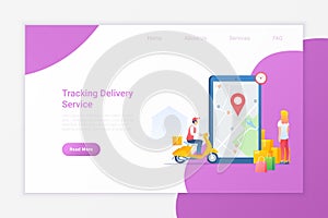 Tracking Delivery of your Package box Online with Smartphone Flat vector illustration. Woman looking on Mobile phone for delivery