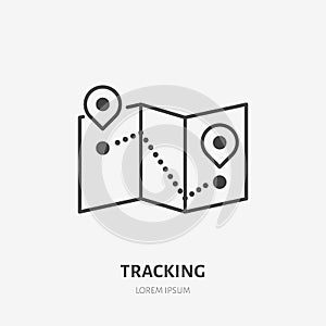 Tracking flat line icon. Map with location pins sign. Thin linear logo for delivery, freight services