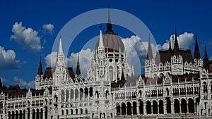 Tracking shot of Budapest gothic revival style parliament building