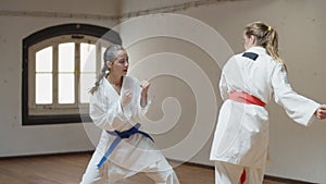 Tracking shot of focused girls having karate class in gym