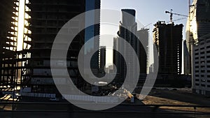 Tracking shot of modern city buildings, Dubai, United Arab Emirates