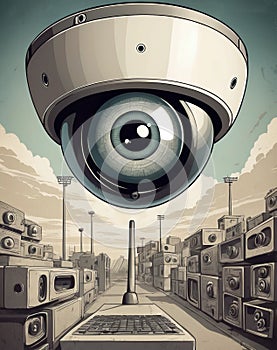 Tracking video camera - big brother surveillance concept