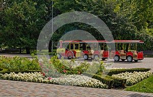 Trackless train, children\'s steam locomotive with wagons - a modern attraction in the city park