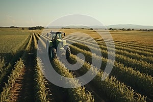 A tractor on a bountiful crop field, highlighting the essential role of agricultural machinery