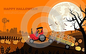 The tractor carrying smiley Halloween pumpkins in trailer with background of farm and full moon. Flat cartoon vector illustration