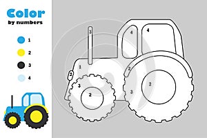 Tractor in cartoon style, color by number, education paper game for the development of children, coloring page, kids preschool