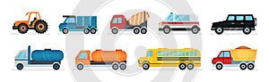 Tractor, Cement Truck, Ambulance, School Bus and Dump Truck as Cars and Wheeled Motor Vehicle Vector Set