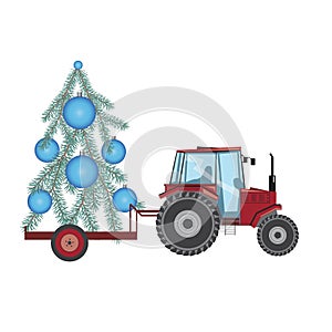 Tractor with christmas tree in trailer isolated on white background, flat vector stock illustration with farm tractor and