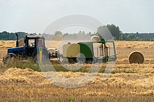 Tractor collects hay bales in the fields. A tractor with a trailer baling machine collects straw and makes round large bales for