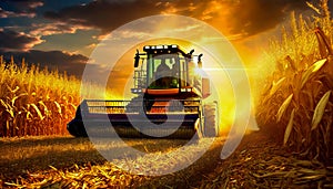 Tractor Combine Harvester, Harvest, Corn, Cornfield