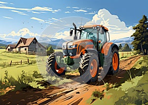 Tractor in the countryside. Vector illustration of a tractor on a rural road.