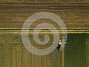 Tractor cultivating corn crop field, aerial view